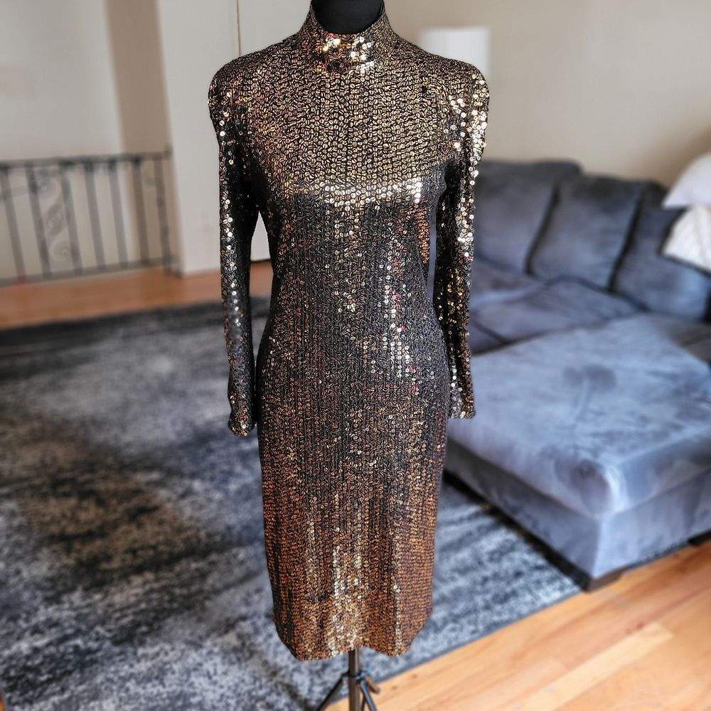 Vintage Sequin Long Sleeve Midi Dress - Gold - Size 8 - Picture 13 of 16